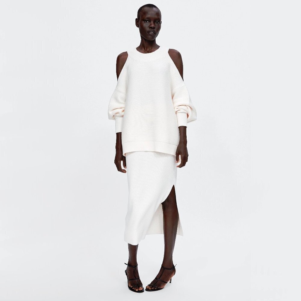 NWOT Zara Knit ecru off-white beige ribbed knit skirt, L